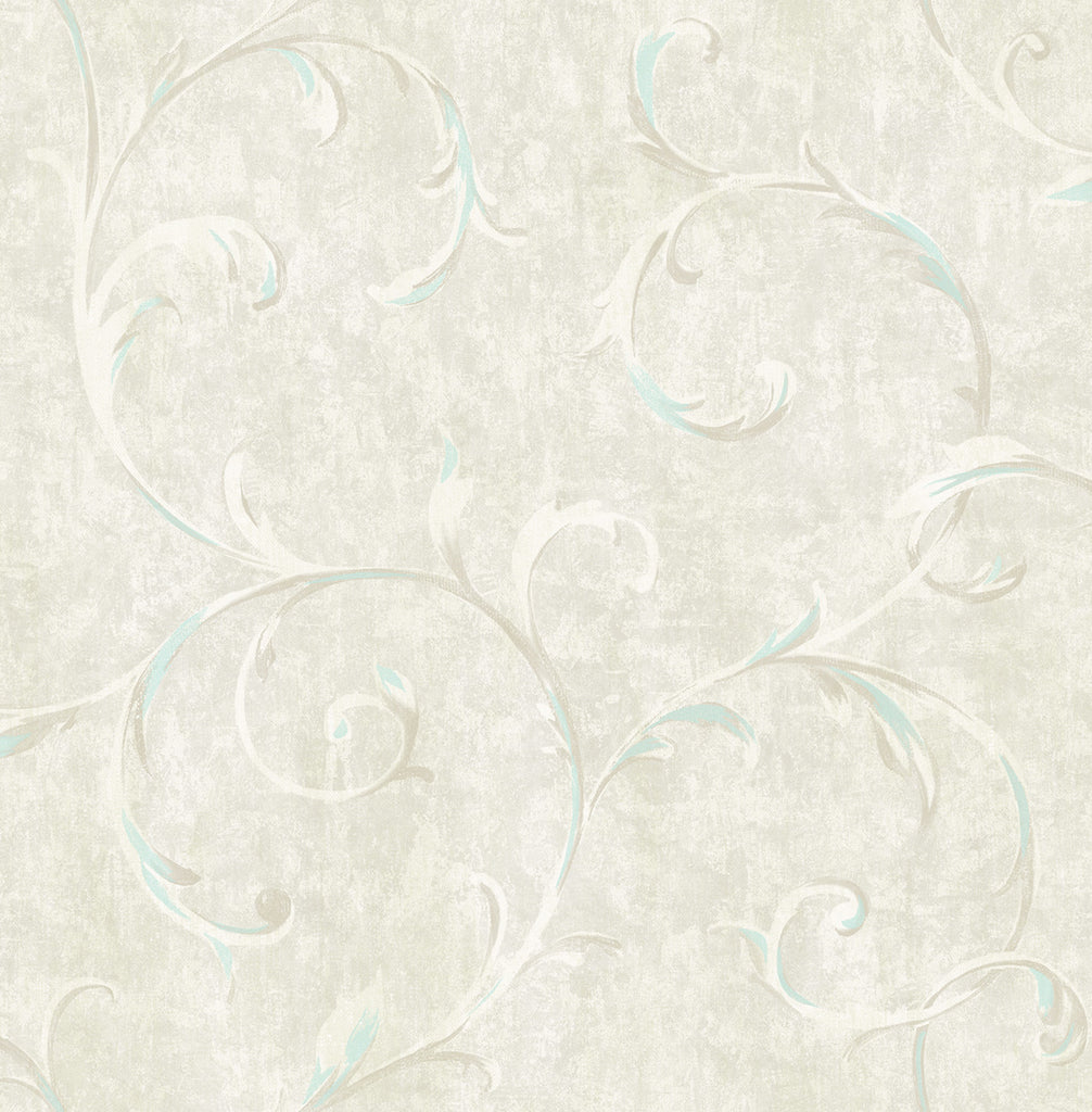 Malibu Scroll Wallpaper - Contemporary Scroll - Metallic Baby Blue and Grey | Malibu Wallpaper