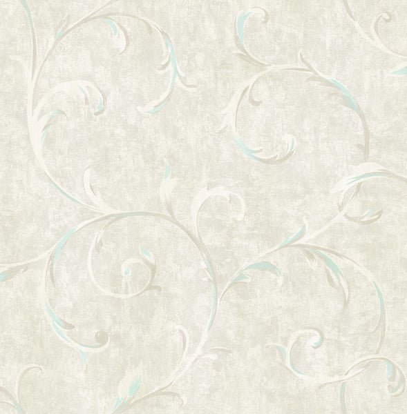 Malibu Scroll Wallpaper - Contemporary Scroll - Metallic Baby Blue and Grey | Malibu Wallpaper