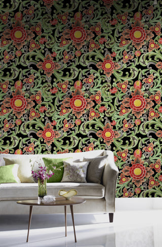 Floral Painting - Black, Green, Red Wallcovering | Mind the Gap