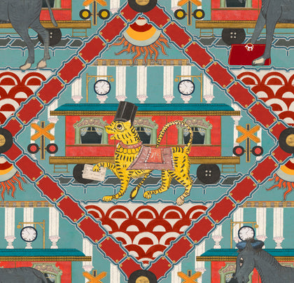 Gare Du Nord Aquamarine - Blue, White, Yellow, Red Wallcovering | Mind the Gap