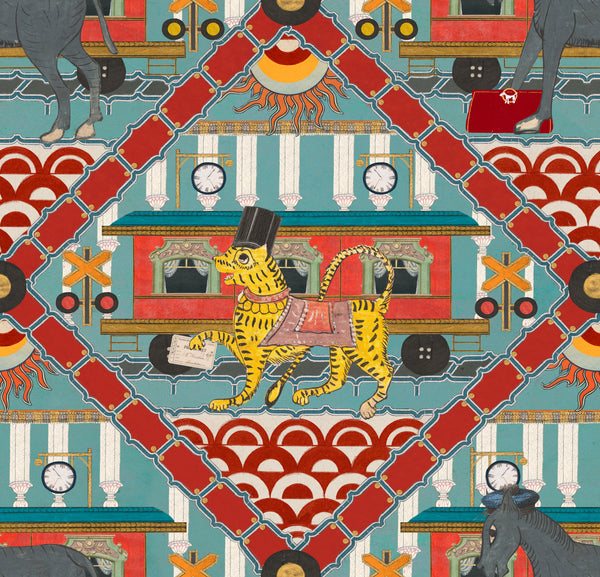 Gare Du Nord Aquamarine - Blue, White, Yellow, Red Wallcovering | Mind the Gap