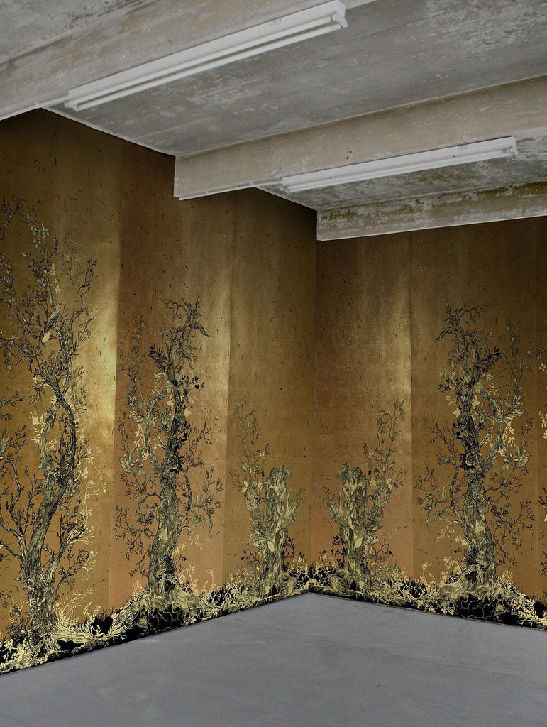 Golden Oriole Wallcovering Panels Black & Gold on Gold Leaf