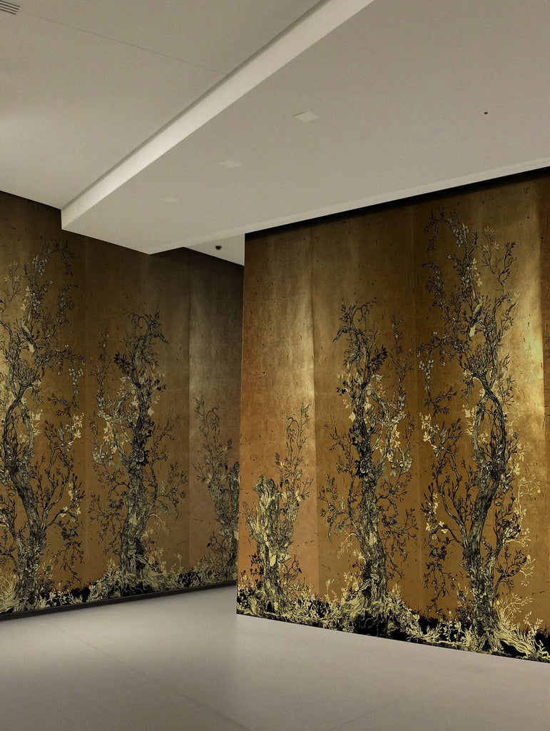 Golden Oriole Wallcovering Panels Black & Gold on Gold Leaf