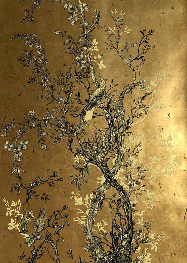 Golden Oriole Wallcovering Panels Black & Gold on Gold Leaf | Timorous Beasties