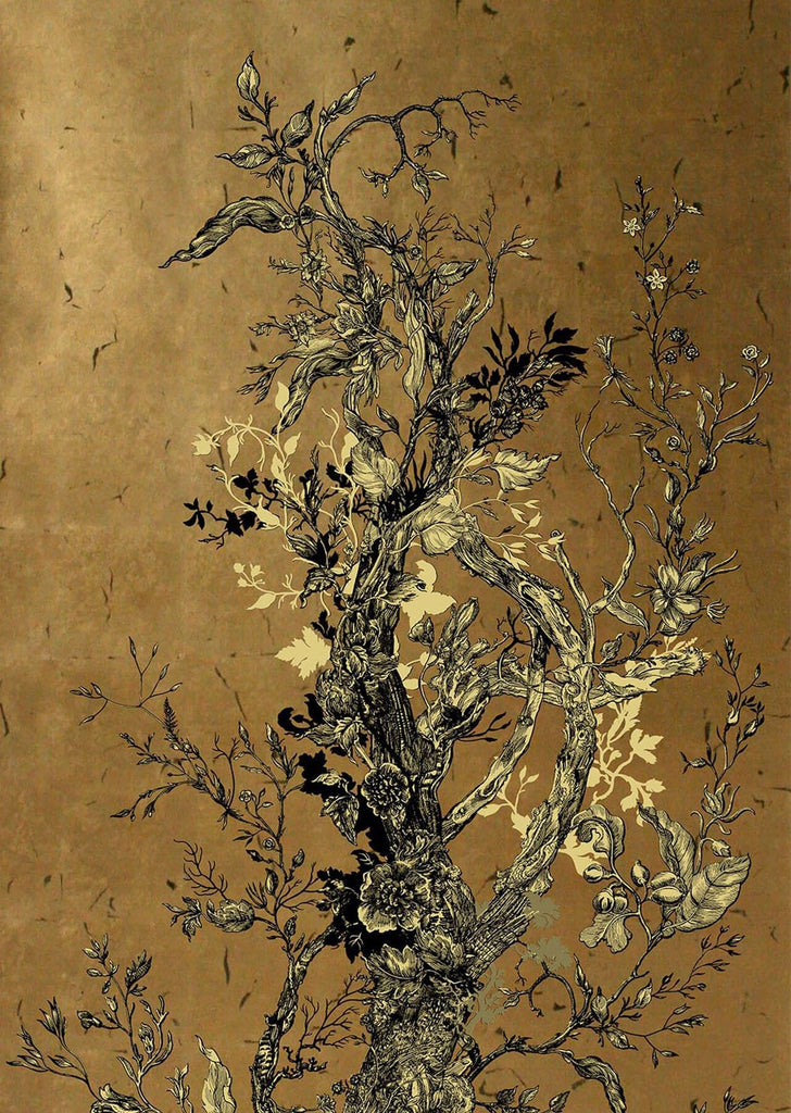 Golden Oriole Wallcovering Panels Black & Gold on Gold Leaf