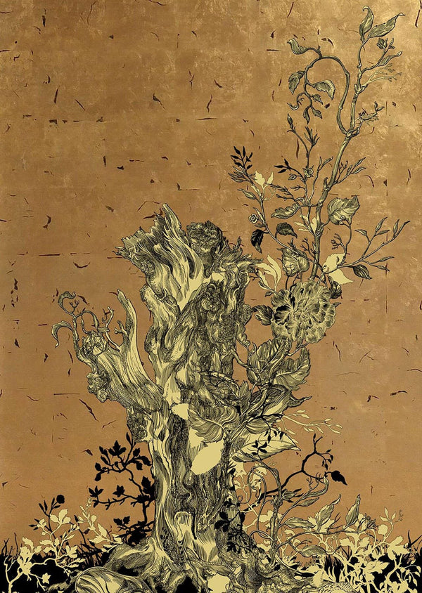Golden Oriole Wallcovering Panels Black & Gold on Gold Leaf | Timorous Beasties