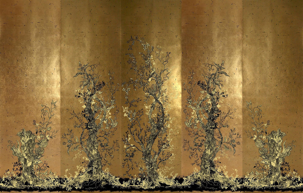 Golden Oriole Wallcovering Panels Black & Gold on Gold Leaf