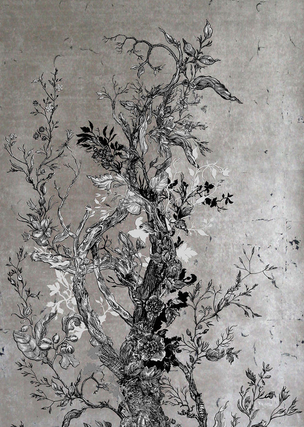 Golden Oriole Wallcovering Panels Silver & Black on Silver Leaf | Timorous Beasties
