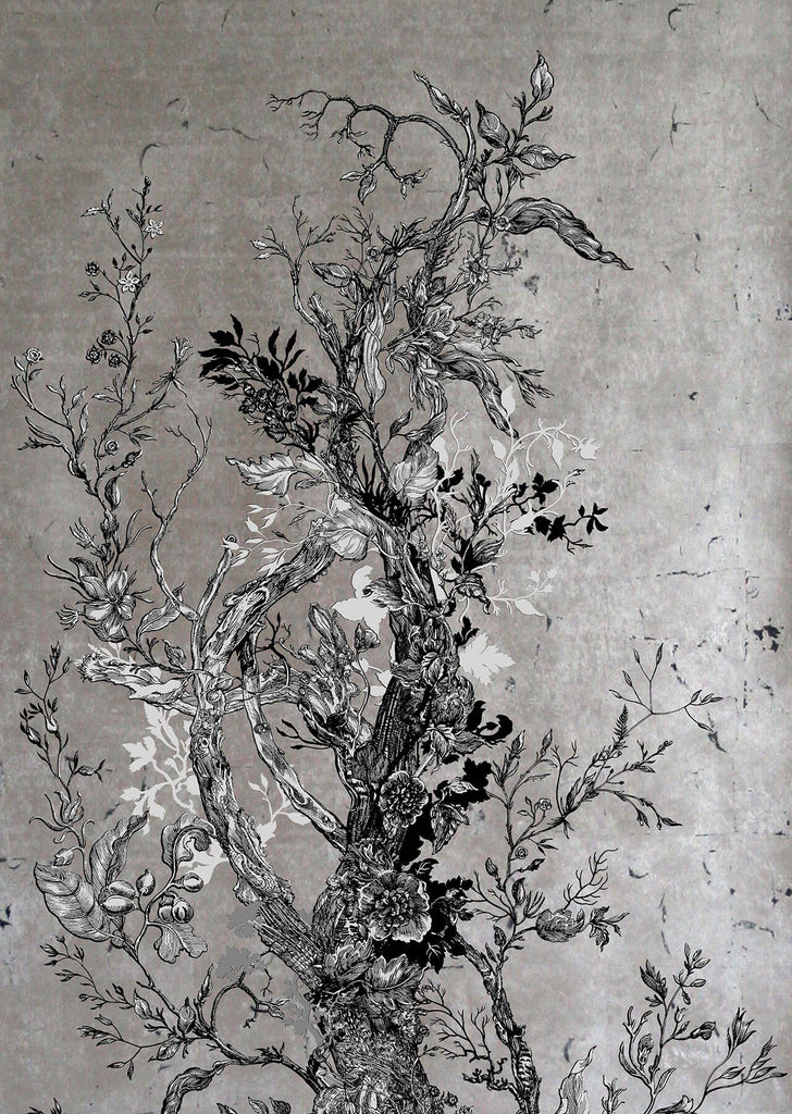 Golden Oriole Wallcovering Panels Silver & Black on Silver Leaf