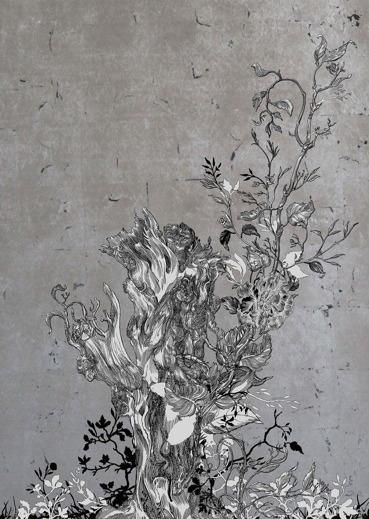 Golden Oriole Wallcovering Panels Silver & Black on Silver Leaf
