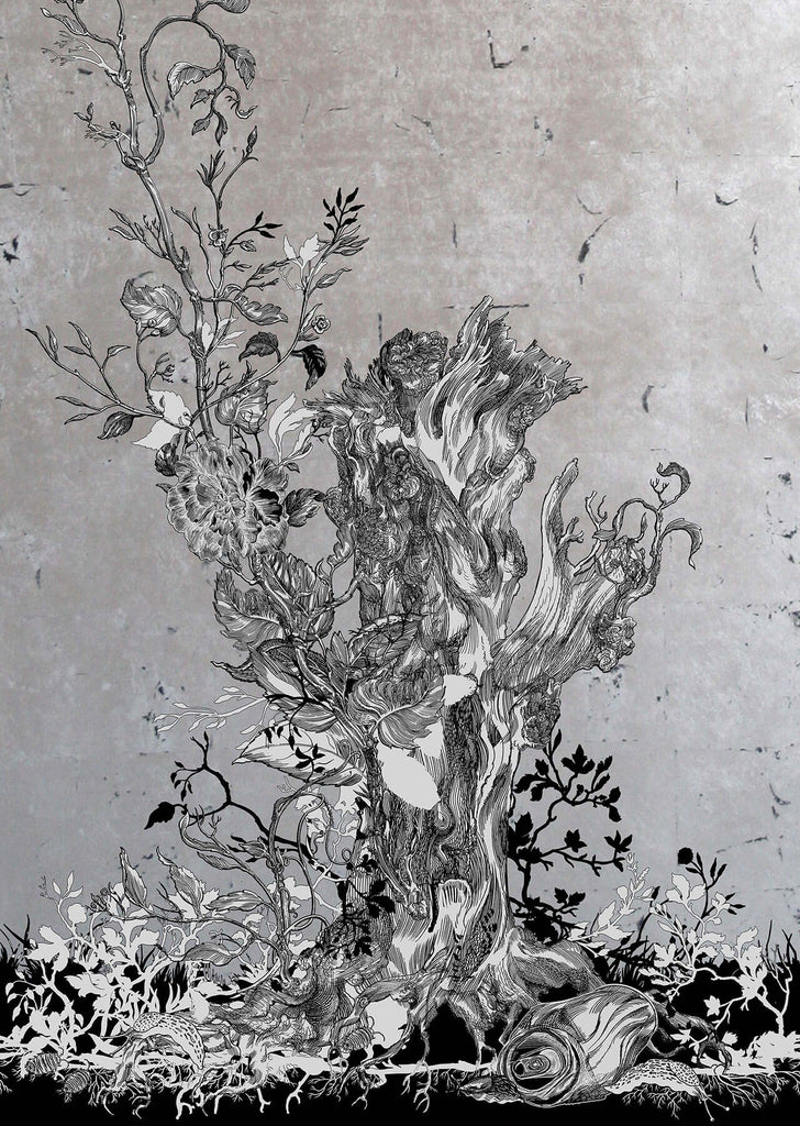 Golden Oriole Wallcovering Panels Silver & Black on Silver Leaf