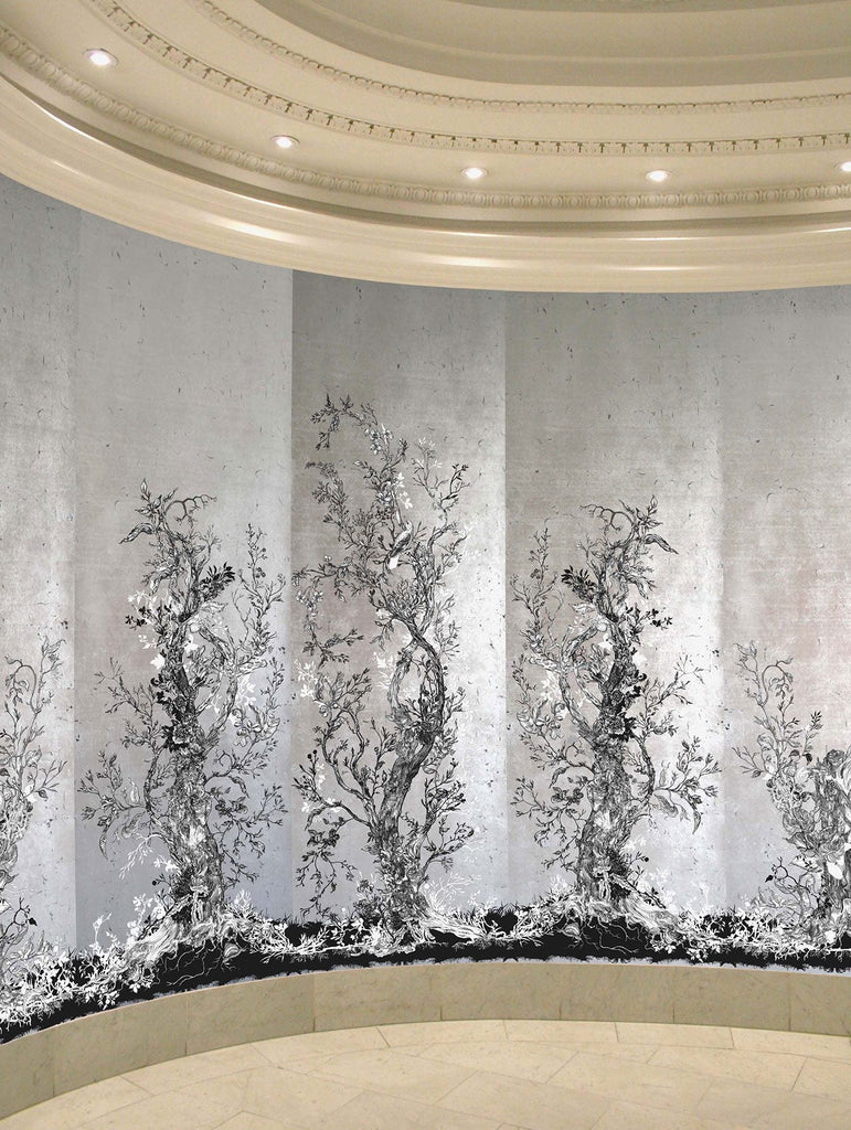 Golden Oriole Wallcovering Panels Silver & Black on Silver Leaf