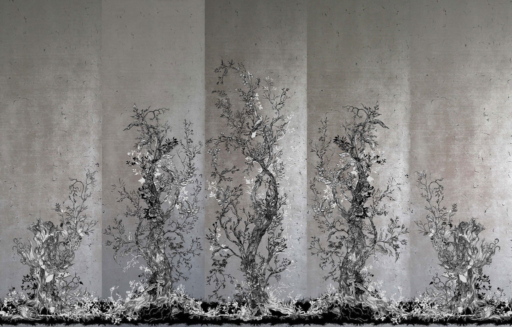 Golden Oriole Wallcovering Panels Silver & Black on Silver Leaf