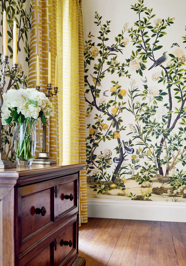 Jardin Bloom Branches Birds Mural White Wallcovering | Thibaut