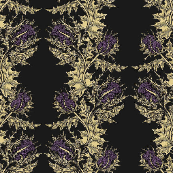Grand Thistle Gold & Purple on Black | Timorous Beasties Wallcovering