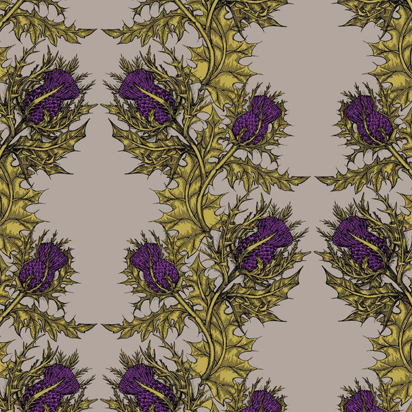 Grand Thistle Gold & Purple on Stone | Timorous Beasties Wallcovering