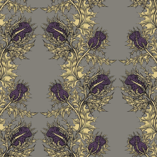 Grand Thistle Gold & Purple on Grey | Timorous Beasties Wallcovering