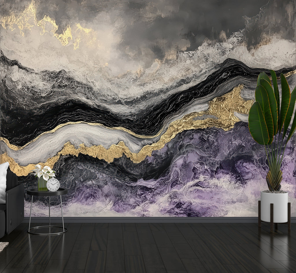 Ethereal Veins Gold and Violet Mural (Adrian) Wallcovering | DW Bespoke Studios