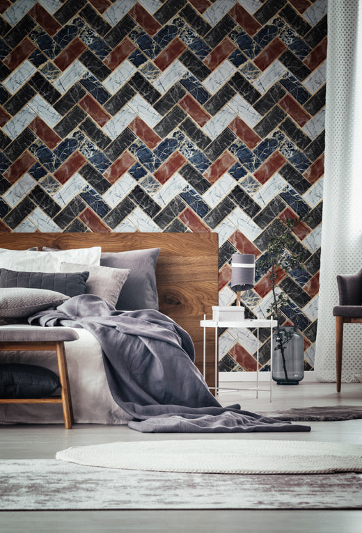 Herringbone - Gold, Black, Blue, Brown Wallcovering | Mind the Gap