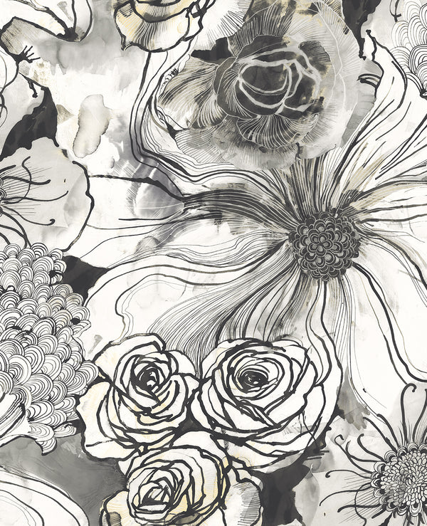 Malibu Ps Ink Rose Contemporary Floral - Onyx | Peel and Stick Removable Wallcovering