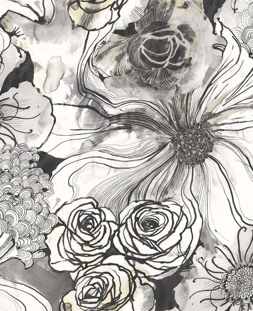 Malibu PS Ink Rose Contemporary Floral - Onyx | Peel and Stick Removable Wallpaper