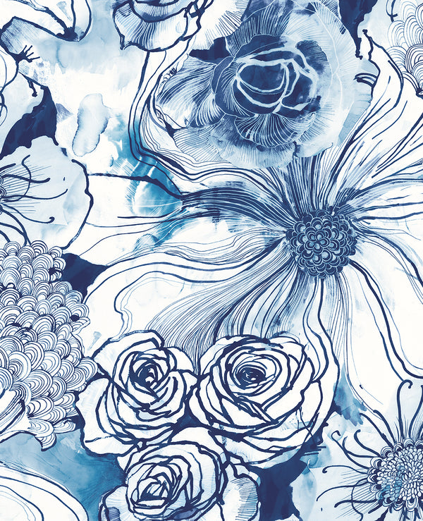 Malibu Ps Ink Rose Contemporary Floral - Celtic Blue | Peel and Stick Removable Wallcovering