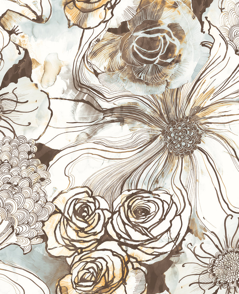 Malibu PS Ink Rose Contemporary Floral - Mocha & Blue Mist | Peel and Stick Removable Wallpaper