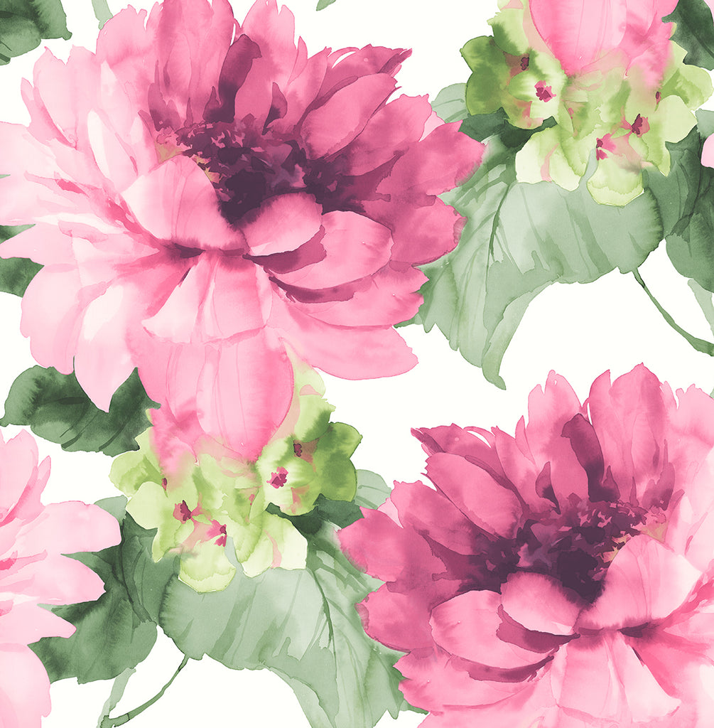 Malibu PS Watercolor Floral Contemporary Floral - Cerise Pink & Evergreen | Peel and Stick Removable Wallpaper