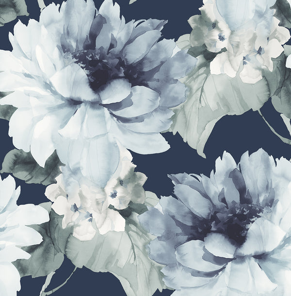 Malibu Ps Watercolor Floral Contemporary Floral - Navy Blue & Slate Green | Peel and Stick Removable Wallcovering