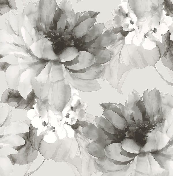 Malibu Ps Watercolor Floral Contemporary Floral - Ash & Metallic Silver | Peel and Stick Removable Wallcovering