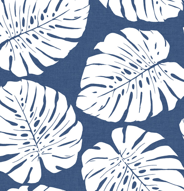 Malibu Ps Monstera Leaf Tropical Botanical - Blue | Peel and Stick Removable Wallcovering