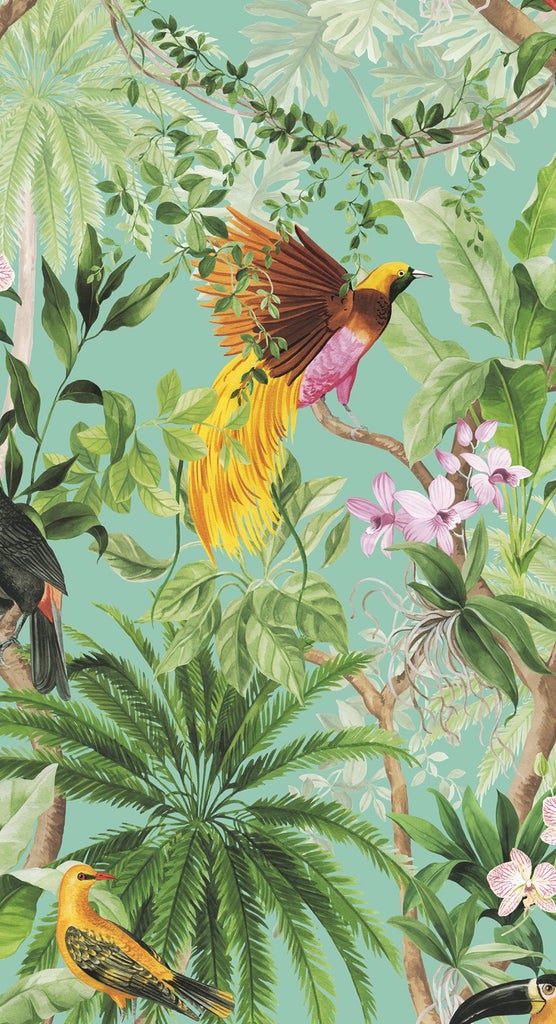 Malibu PS Tropical Bird Tropical Botanical - Aqua | Peel and Stick Removable Wallpaper