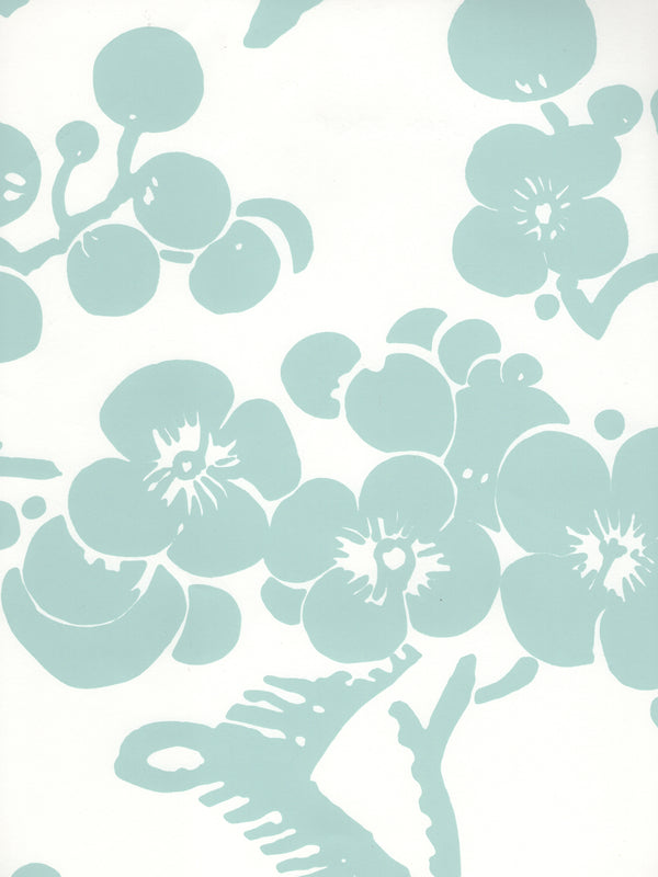 Hawthorne Pale Aqua on White Screen Printed - Off-White Wallcovering | China Seas