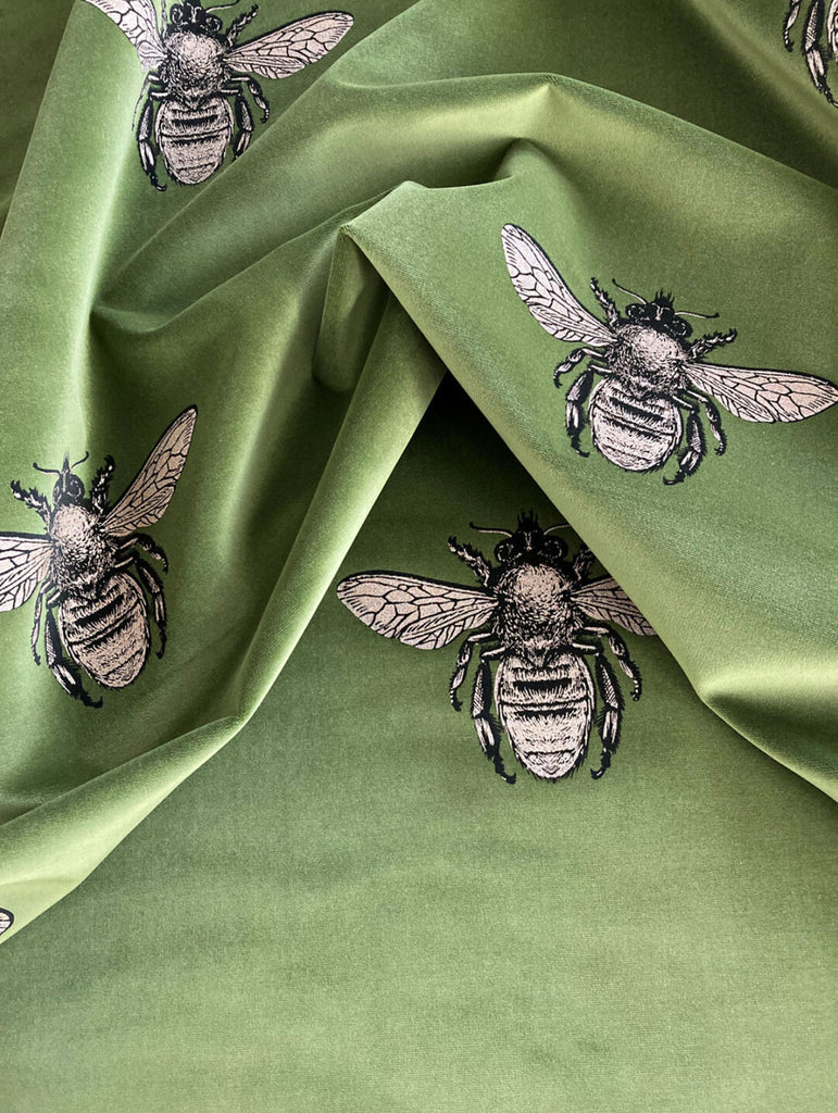 Honey Bee Hand Printed Velvet Black & Pale Gold on Olive
