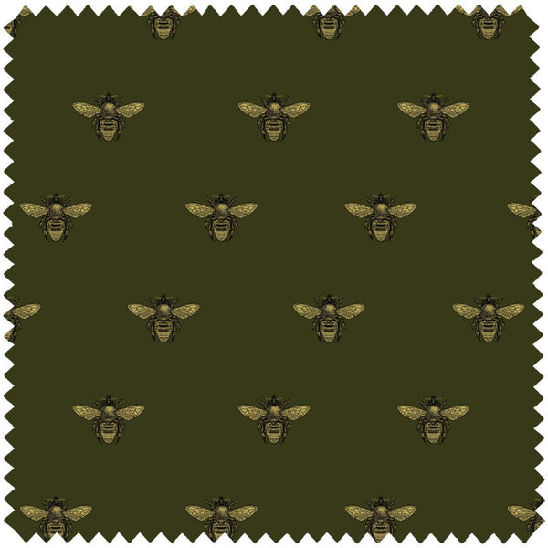 Honey Bee Hand Printed Velvet Black & Pale Gold on Olive | Timorous Beasties Fabric