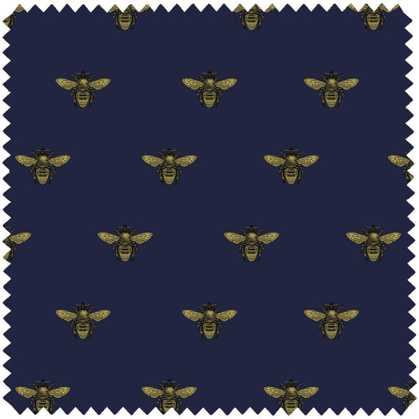 Honey Bee Hand Printed Velvet Black & Pale Gold on Navy Blue | Timorous Beasties Fabric
