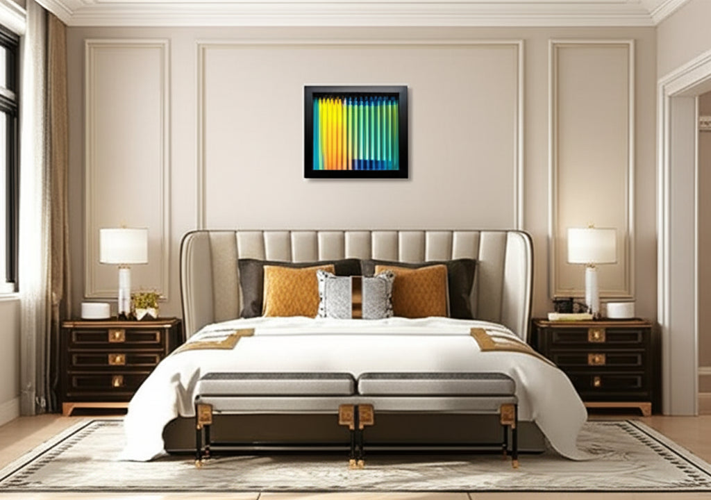 Golden Horizon Through Glass in Bedroom Setting