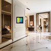 Golden Horizon Through Glass in Hotel Reception Setting