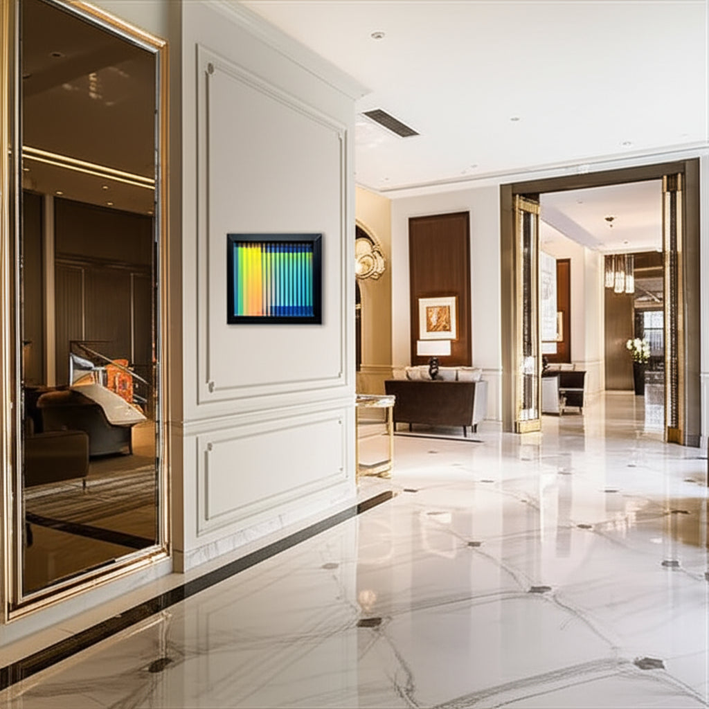 Golden Horizon Through Glass in Hotel Reception Setting