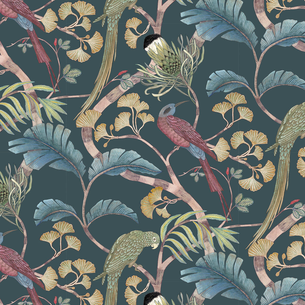 Living Branches - 2 Teal | Kravet Couture | Josephine Munsey Portfolio I | Animal/Insects Botanical & Floral Wallcovering Print