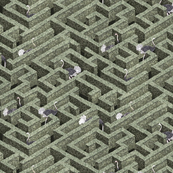 Labyrinth With Ostriches - 1 Green | Kravet Couture | Josephine Munsey Portfolio I | Botanical & Floral Novelty Wallcovering Print