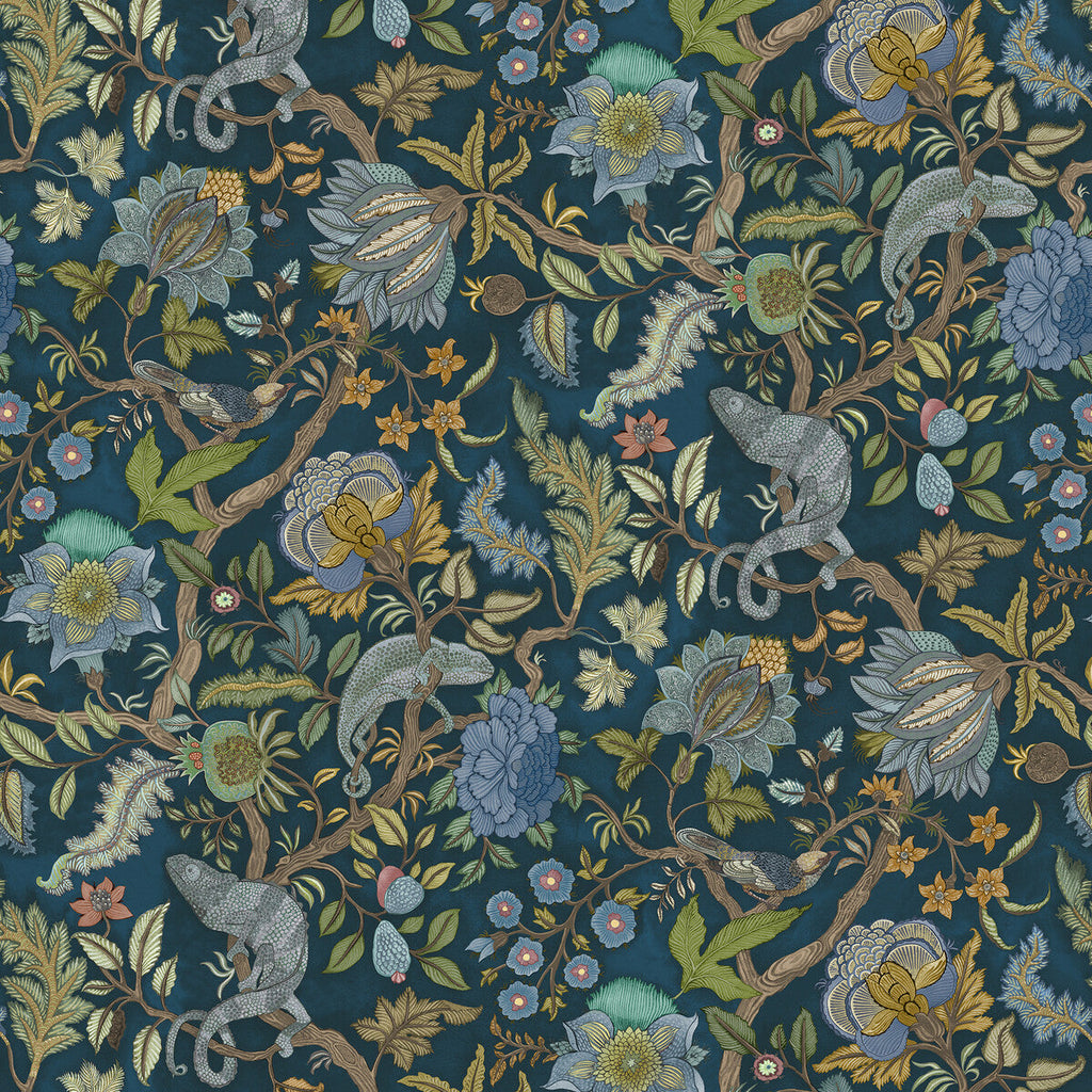 Chameleon Trail Wp - 61 Blue | Kravet Couture | Josephine Munsey Portfolio Ii | Animal/Insects Botanical & Floral Wallcovering Print