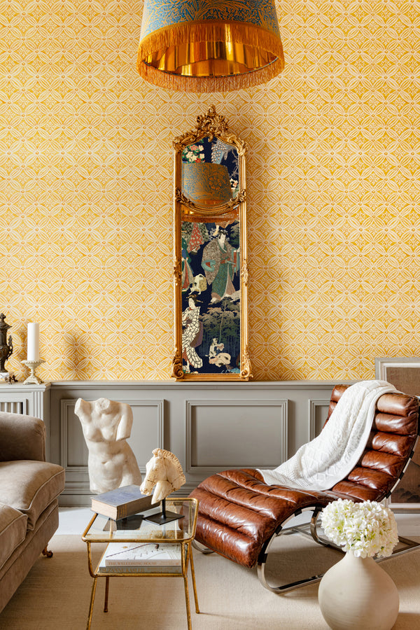 Kalamkari Citrus - Taupe, Yellow Wallcovering | Mind the Gap