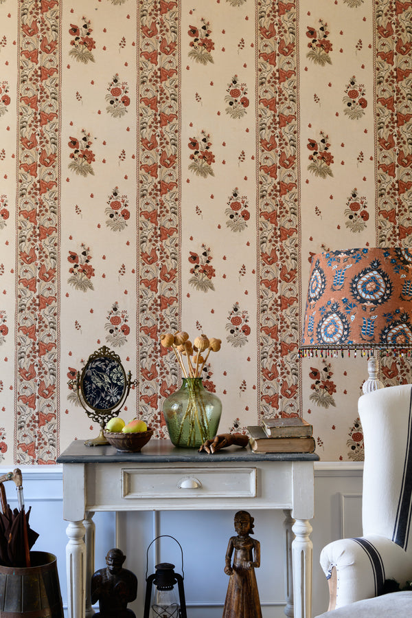 Korond Floral Leather - Taupe, Red, Brown, Leather Wallcovering | Mind the Gap