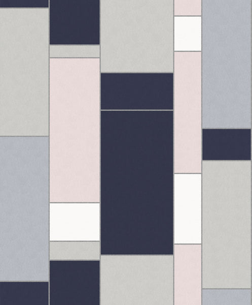 Malibu De Stijl Geometric Wallpaper - Art Deco Geometric - Indigo & Metallic Silver | Malibu Wallpaper
