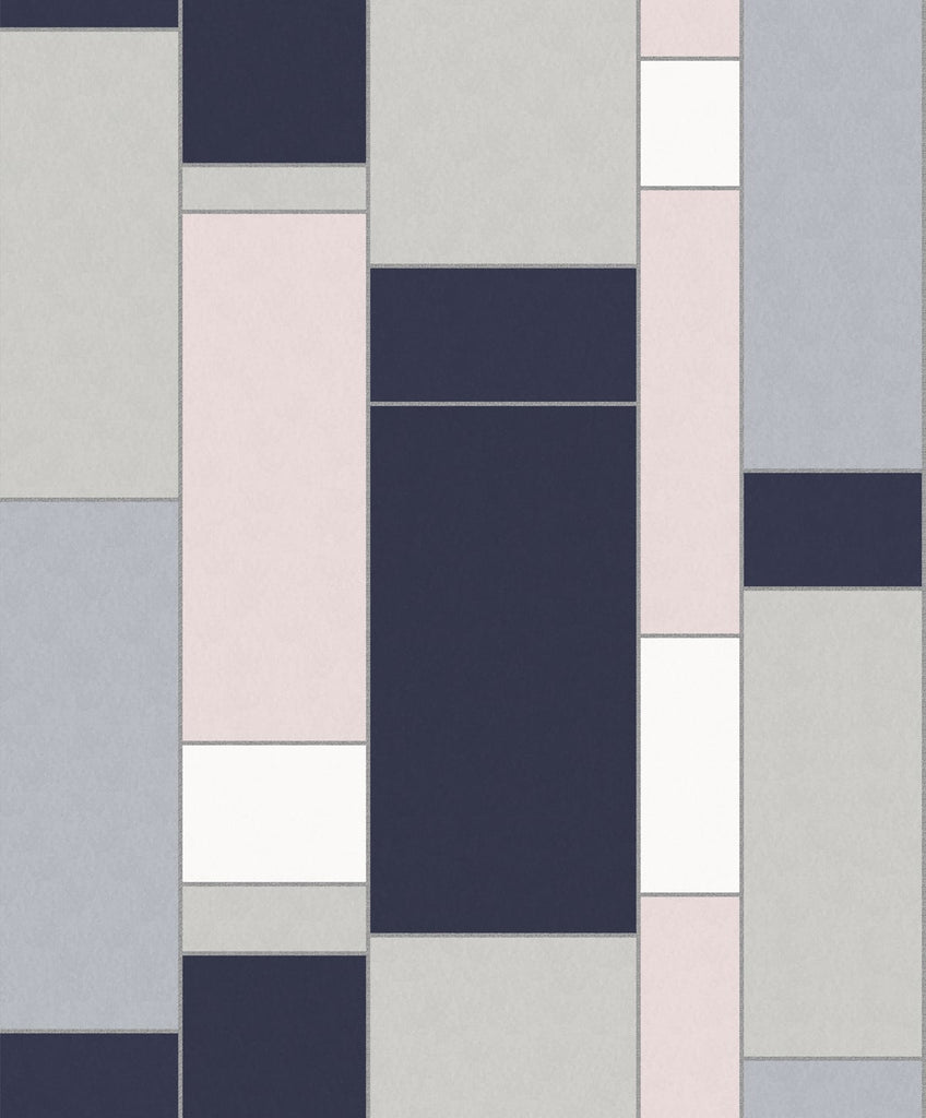 Malibu De Stijl Geometric Wallpaper - Art Deco Geometric - Indigo & Metallic Silver | Malibu Wallpaper