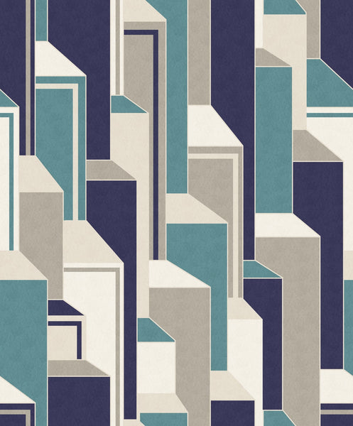 Malibu Deco Geometric Wallpaper - Art Deco Geometric - Perry Teal & Indigo | Malibu Wallpaper
