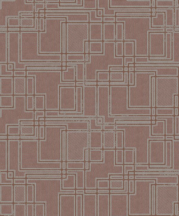Bauhaus Cityscape Art Deco Geometric - Burgundy & Graphite | Architectural Wallcoverings