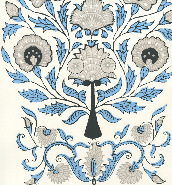 Kalamkari All Over Celeste Gray Charcoal Screen Printed | China Seas
