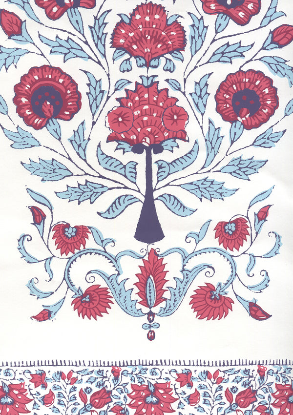 Kalamkari Border Red Burgundy Purple on White Screen Printed | China Seas